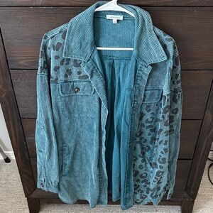 White Birch Teal Corduroy Utility Jacket with Animal Print